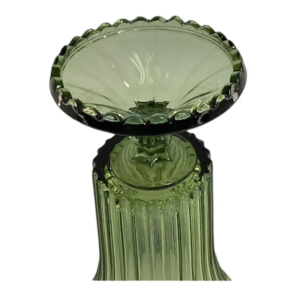 Vintage green glass Pedestal Vause vertical line scalloped base edge MCM